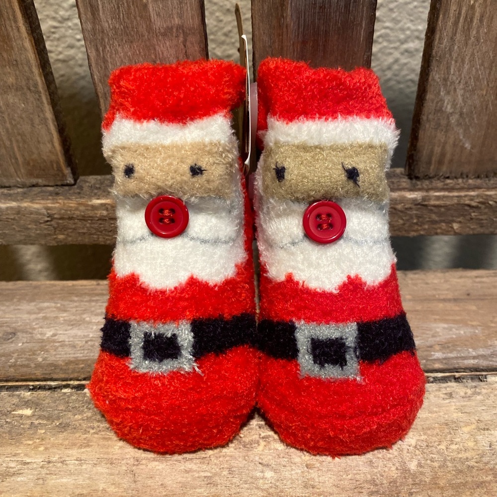 Mud Pie Santa Claus Socks 0-12 Months, Chenille Christmas Socks, Baby Socks
